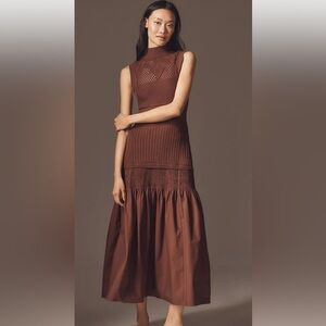 ANTHROPOLOGIE SLEEVELESS MOCK-NECK DROP WAIST SWEATER MIDI DRESS L COCOA PLUM